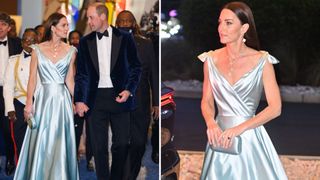 (L) Prince William and Kate Middleton, (R) Kate Middleton in a blue gown