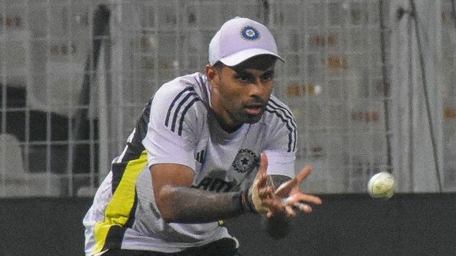 Indian Captain Surya Kumar Yadav is seen during a practice session ahead of their first Twenty20 international cricket match against England at the Eden Gardens in Kolkata, India, on January 21, 2025