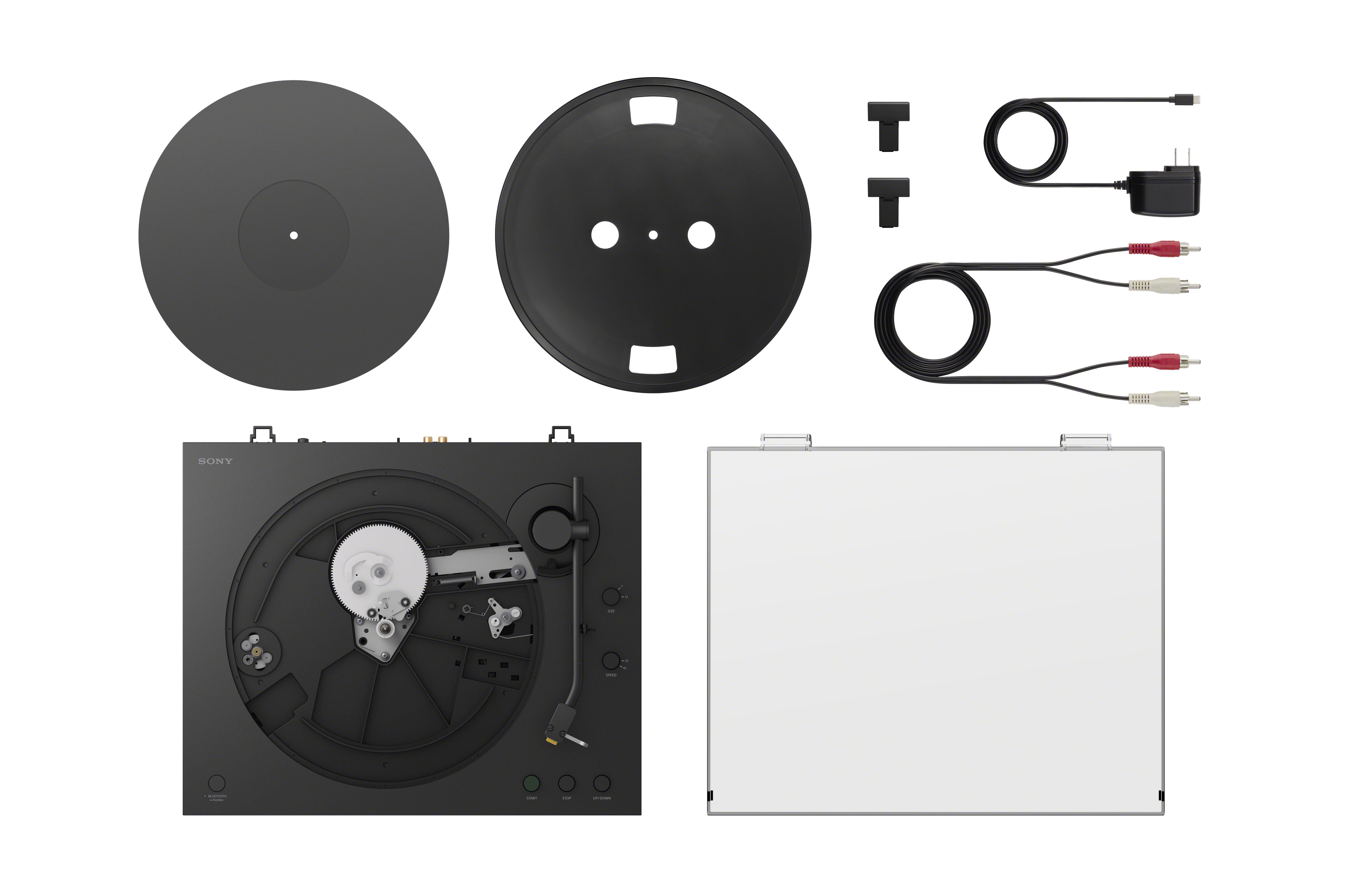 Individual components of a Sony PS-LX5BT turntable laid out on a white background
