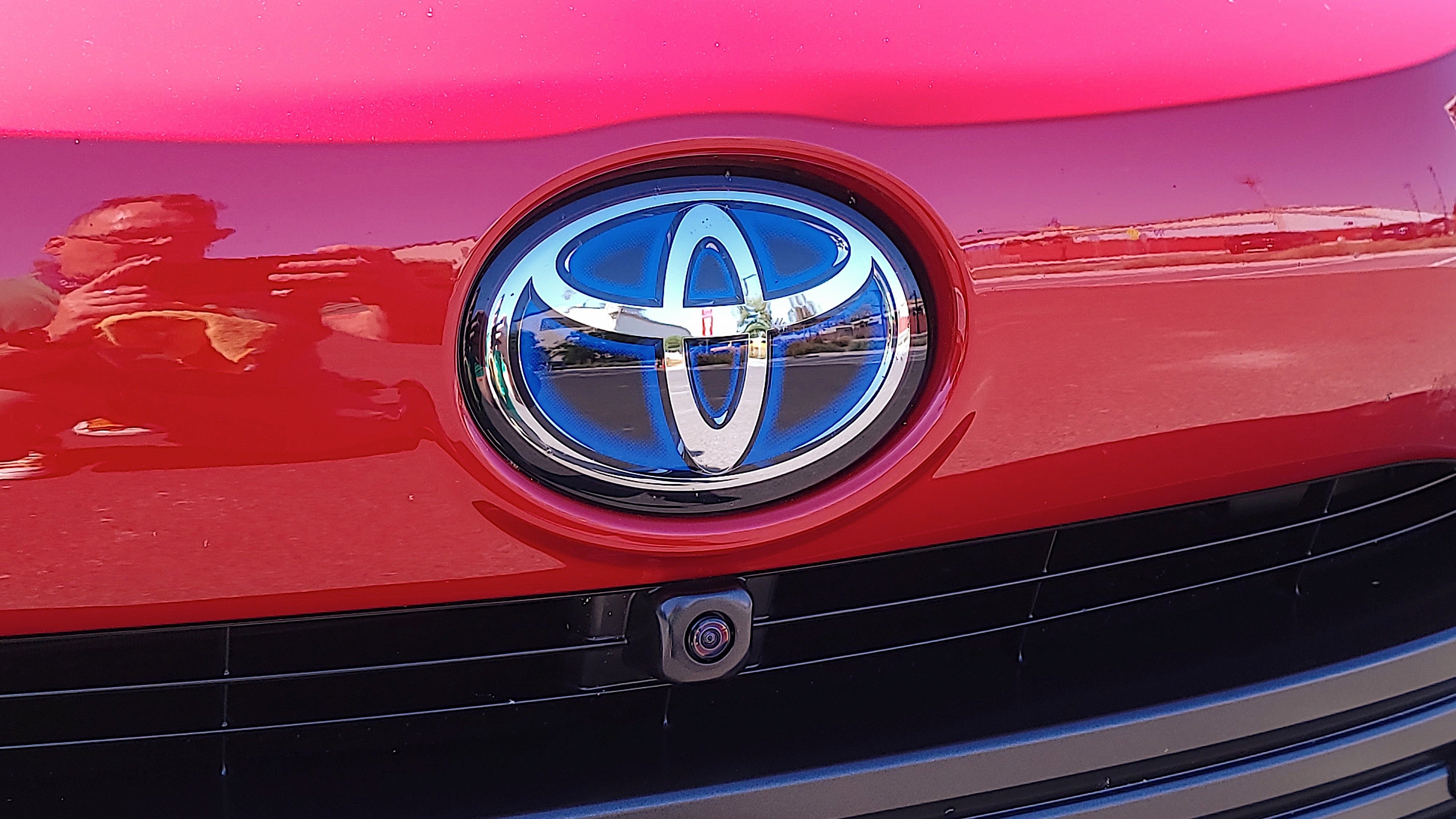 Close-up of Toyota badge and front camera on Mirai (2021)