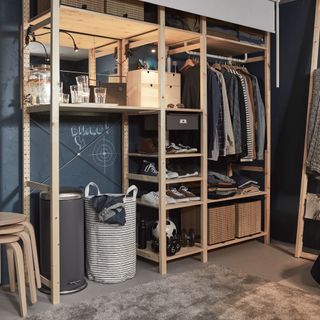 IKEA Ivar storage with clothes, bin and shoes