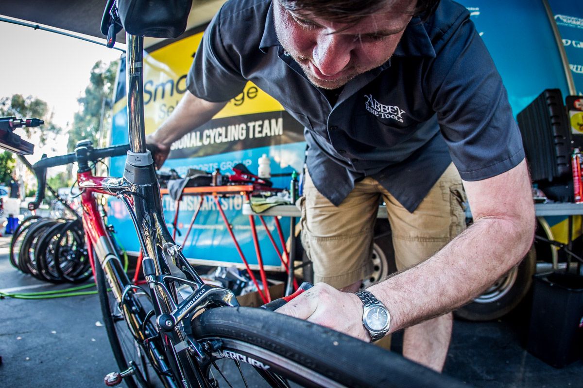 Abbey Bike Tools own Jason Quade helped out with the mechanic duties at team camp.