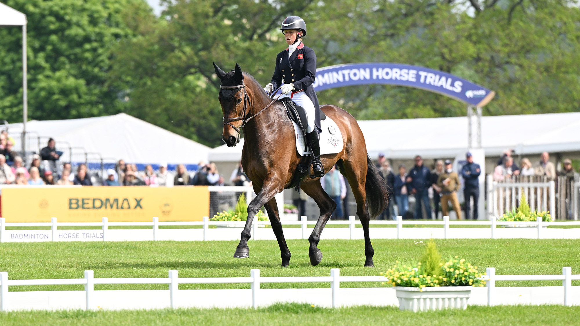 Ros Canter trots up the centre line on Lordships Graffalo at Badminton Horse Trials 2026