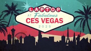 Graphic in the style of the Welcome to Las Vegas sign reading "Laptop at fabulous CES Vegas 2025" imitating a vintage travel poster in a mid-century modern art design. below it is the dark silhouette of the Las Vegas skyline.