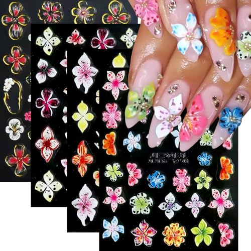 Flower Nail Stickers for Nail Art, 5d Embossed Hibiscus Nail Decals Pink White Lily Hibiscus Tropical Floral Summer Spring Flower Nail Art Supplies for Women Girls (4sheets)