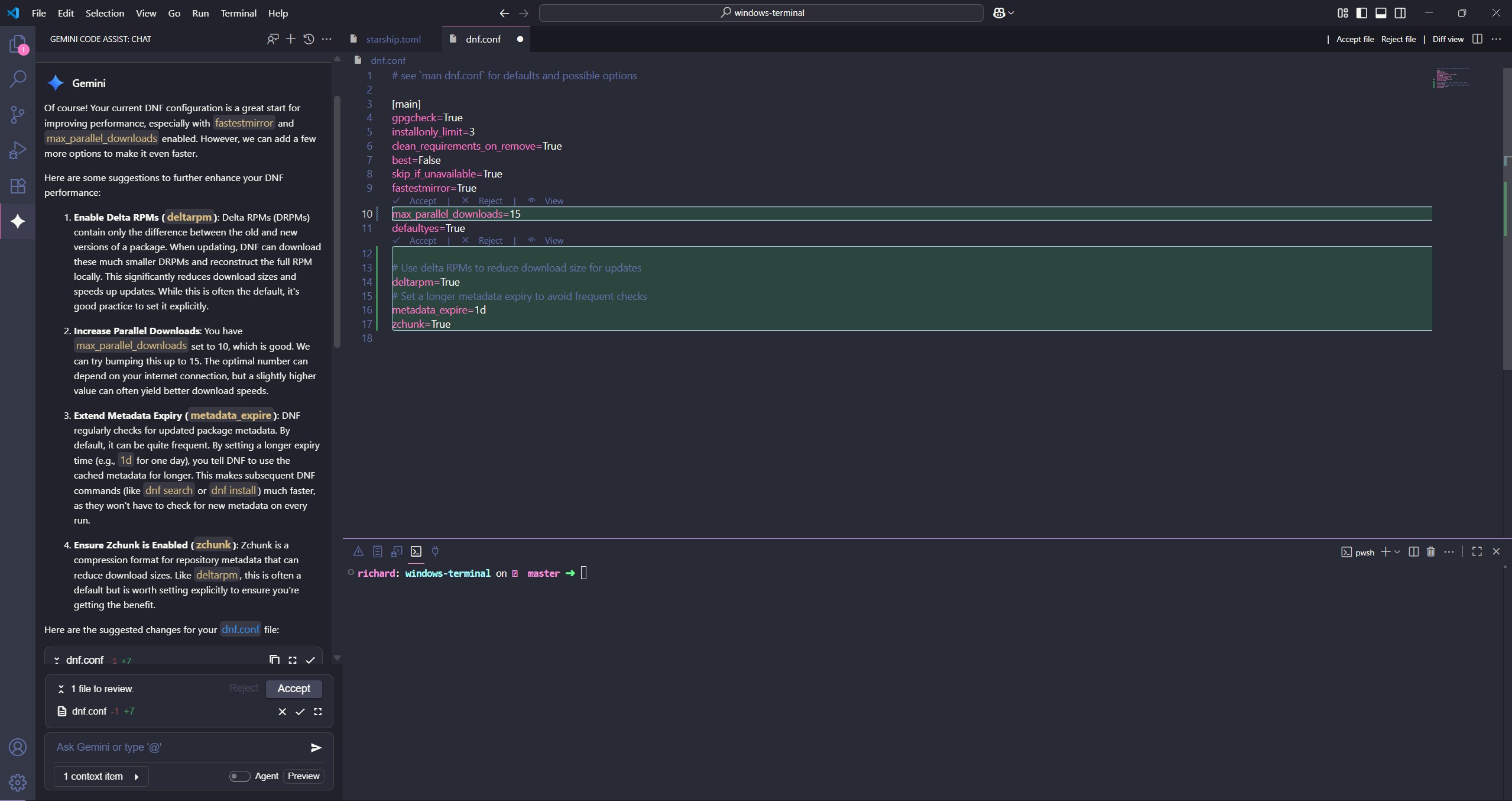 Using Gemini 2.5 Pro in the command line and in VS Code with a free account.