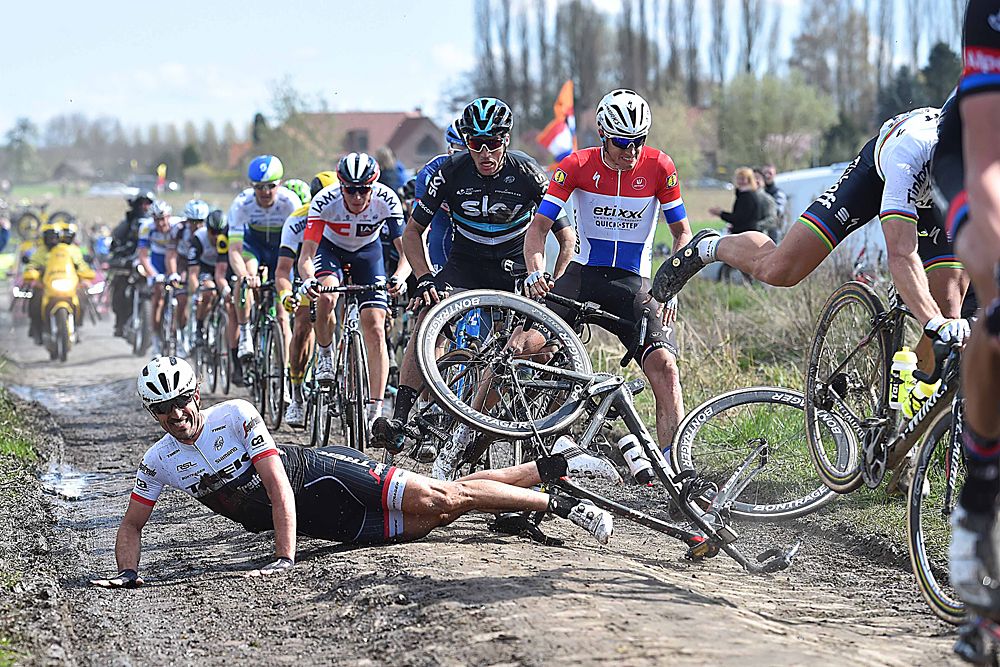 Fabian Cancellara (Trek-Segafredo) crashes out of he chase group at Paris-Roubaix