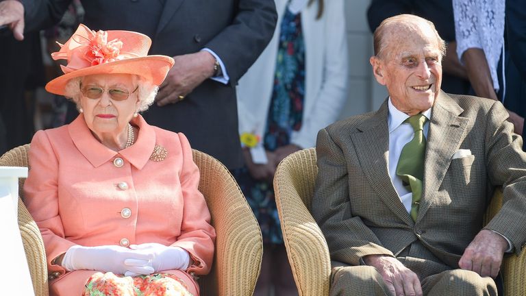 Queen Elizabeth II and Prince Philip, Duke of Edinburgh attend The OUT-SOURCING Inc Royal Windsor Cup 2018 polo match at Guards Polo Club on June 24, 2018 in Egham, England