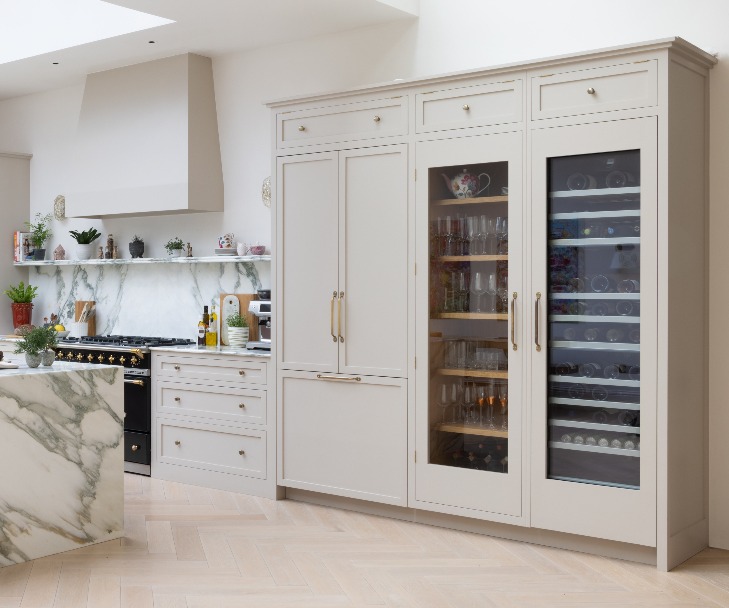 Higham Furniture Thin Shaker Kitchen in mushroom colour with Siemens wine storage