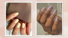 A selection of 2025 nail trends: on the left, a hand with squoval butter yellow nails by nail artist Megan Rose/@gel.bymegan, and on the right, a hand with sheer, lavender almond nails by nail artist Julia Diogo/@paintedbyjools | in a pink watercolour paint-style template