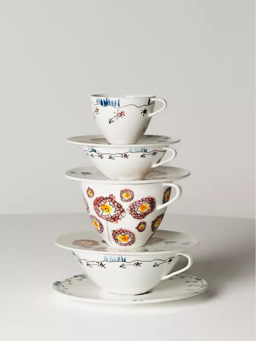 Anemone Milk Flower-Motif Bone-China Cappuccino Cup and Saucer Set of Two