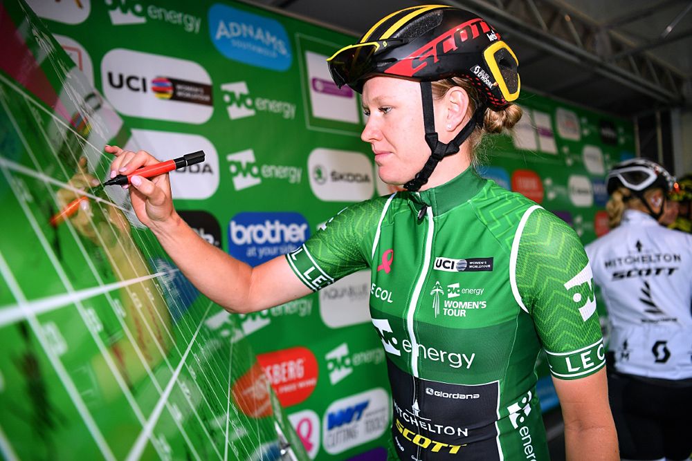 Overall leader Jolien D'hoore (Mitchelton-Scott) at the start of stage 2 of the OVO Energy Women's Tour