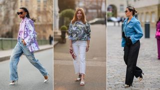 Three women wearing different types of jeans to illustrate the best jeans for strawberry body type