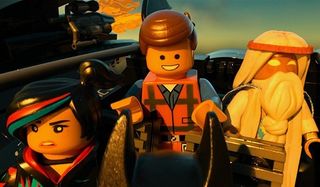 The Lego Movie Wyldstyle Emmet and Vitruvius aboard the Batwing