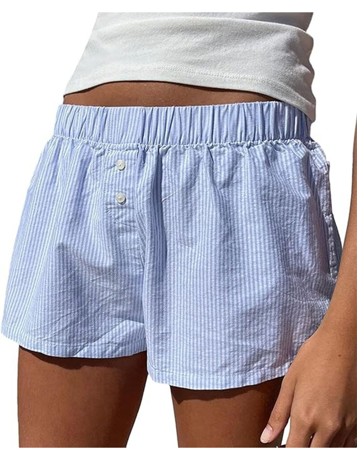 Y2k Plaid Shorts Cute Baggy Ginghem Boxer Shorts for Women Checked Lounge Pajama Bottom Preppy Sleep Pj Shorts (b Stripe Blue, S)