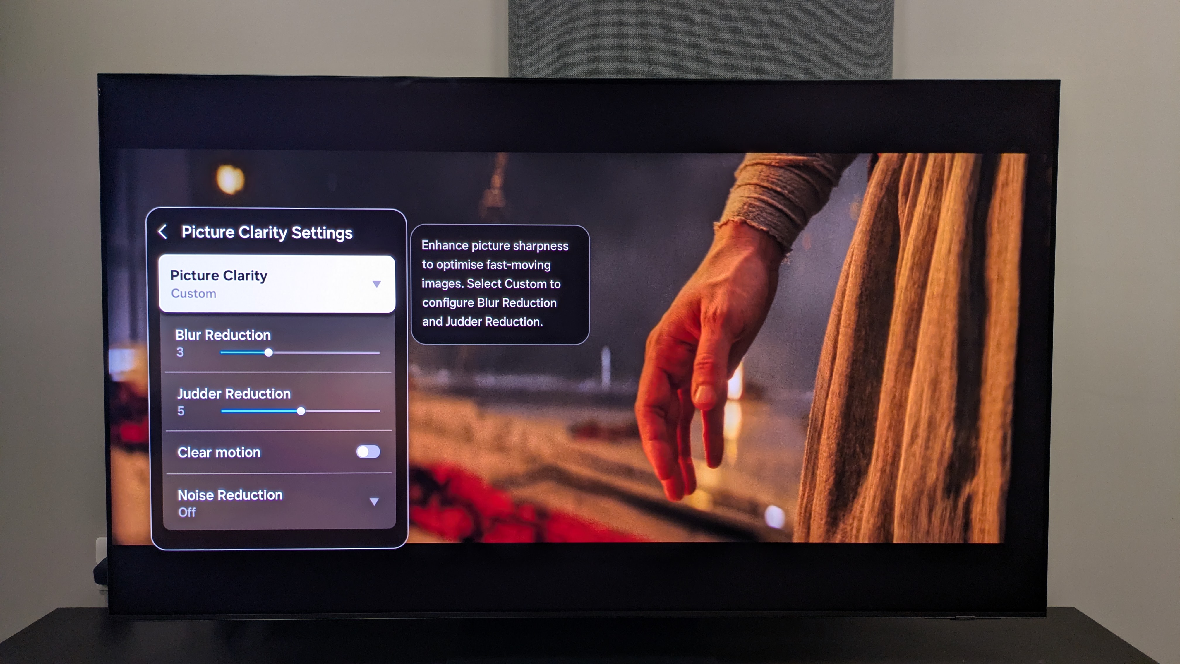 Samsung S95F with picture clarity settings menu on screen