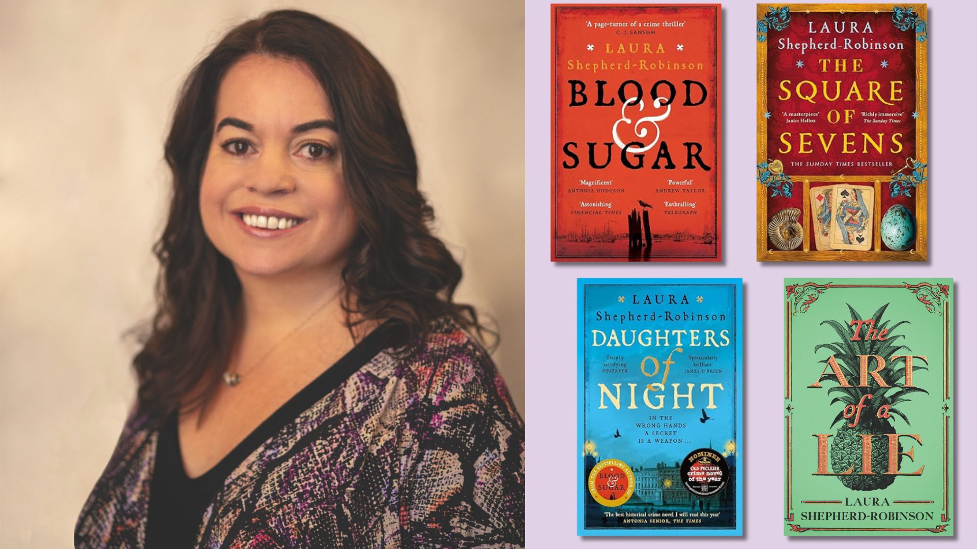 A headshot of author Laura Shepherd Robinson beside the front covers of four of her historical books