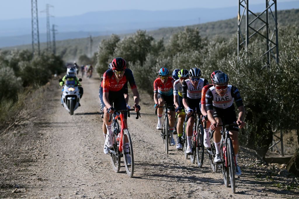 BAEZA SPAIN FEBRUARY 13 LR Ben Tullett of Great Britain and Team INEOS Grenadiers Andreas Kron of Denmark and Team Lotto Dstny Tadej Pogacar of Slovenia and Marc Hirshi of Switzerland and UAE Team Emirates compete in the chase group during the 2nd Clasica Jaen Paraiso Interior 2023 a 1789km one day race from beda to Baeza 752m ClsicaJan23 on February 13 2023 in Baeza Spain Photo by Dario BelingheriGetty Images