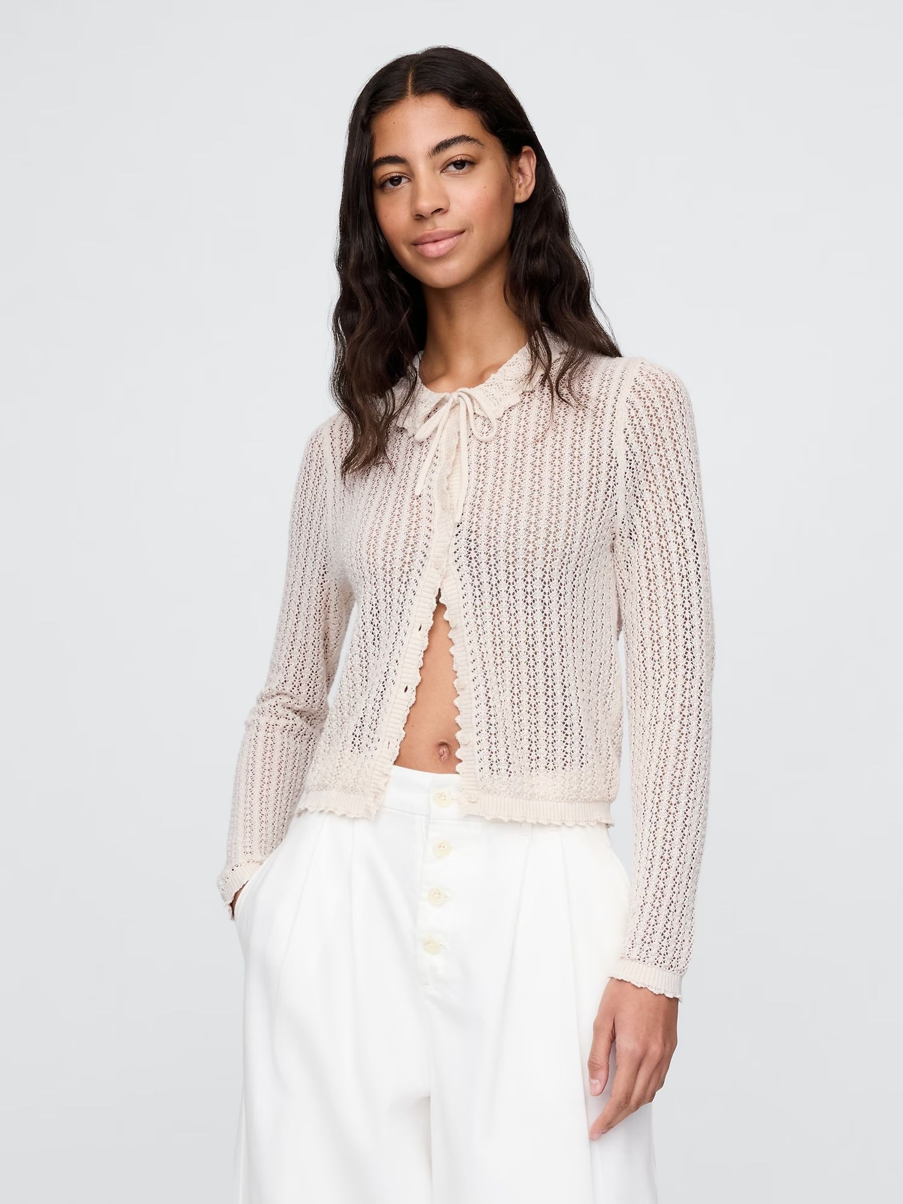 Cream DÔen Linen-Blend Pointelle Cardigan