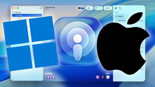 Apple Liquid Glass UI design with Microsoft and Apple logos