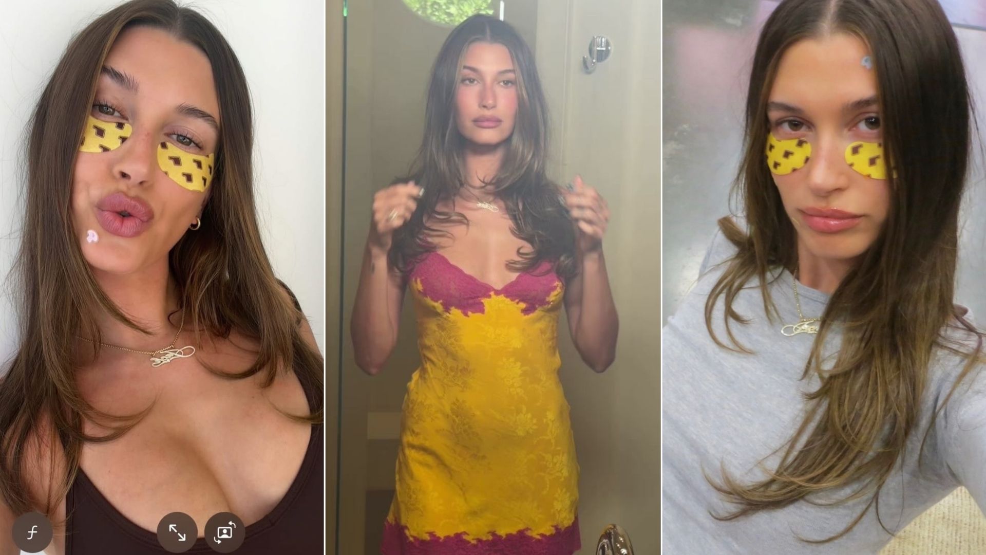 Three photos of Hailey Bieber with her new haircut she wore at Coachella 2026, featuring long waterfall layers