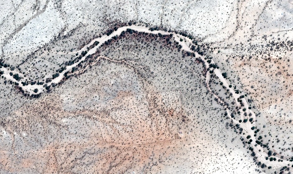 A satellite image of the arid surface of Namibia