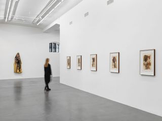 sculptures on show at hauser & wrth zurich, as part of berlinde de bruyckere's show, series of framed collages on the wall and relief on far wall