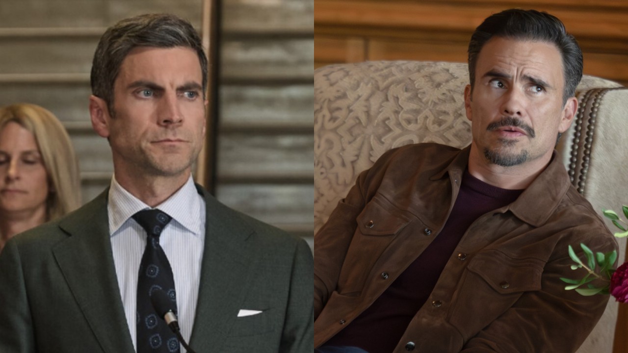 Wes Bentley as Jamie Dutton in Yellowstone and Juan Pablo Raba as Joaquin in Dutton Ranch. 