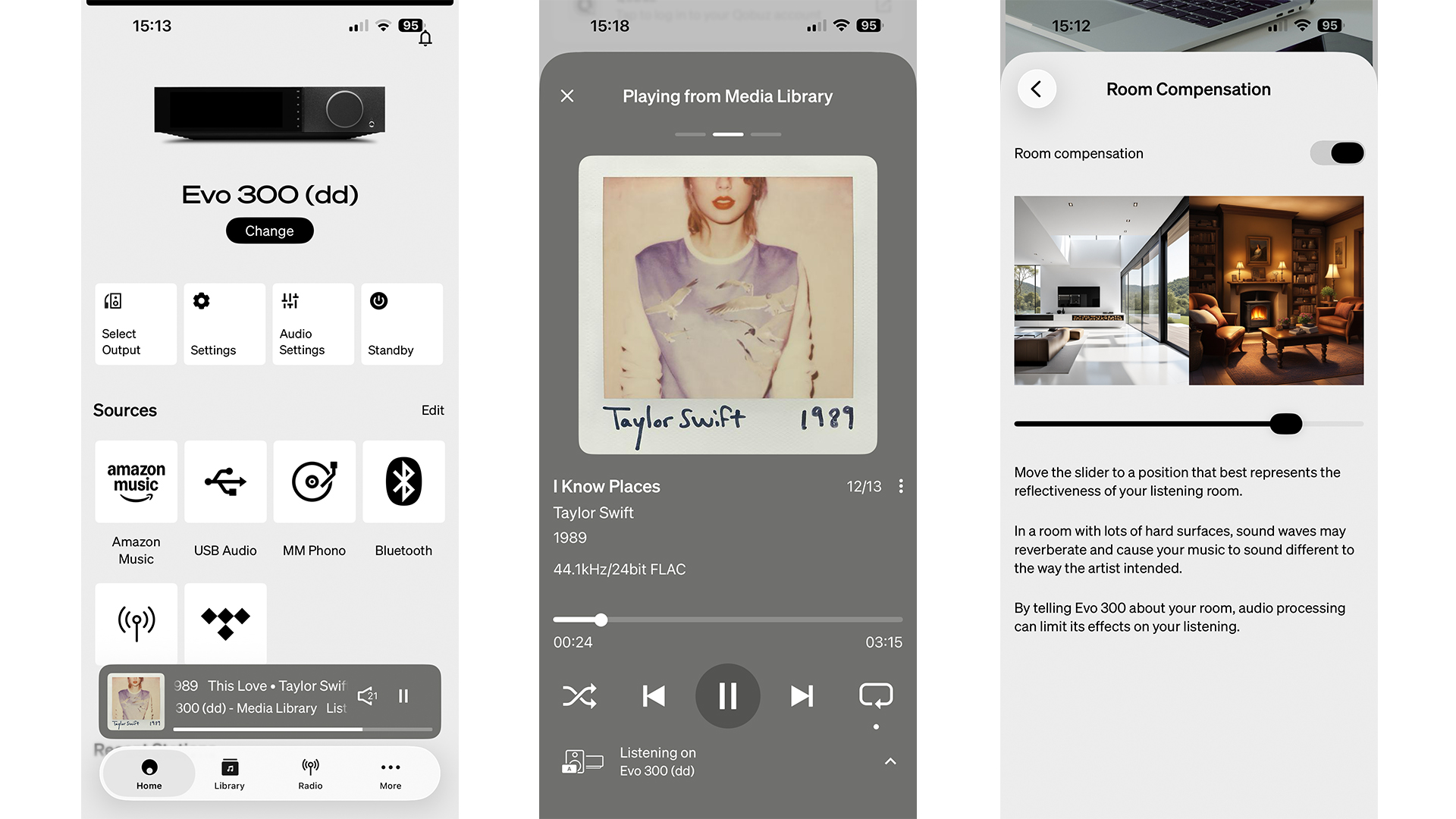 Cambridge Audio Evo 300 all-in-one system app on three smartphone screens
