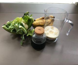 The ingredients for a coffee smoothie on a table