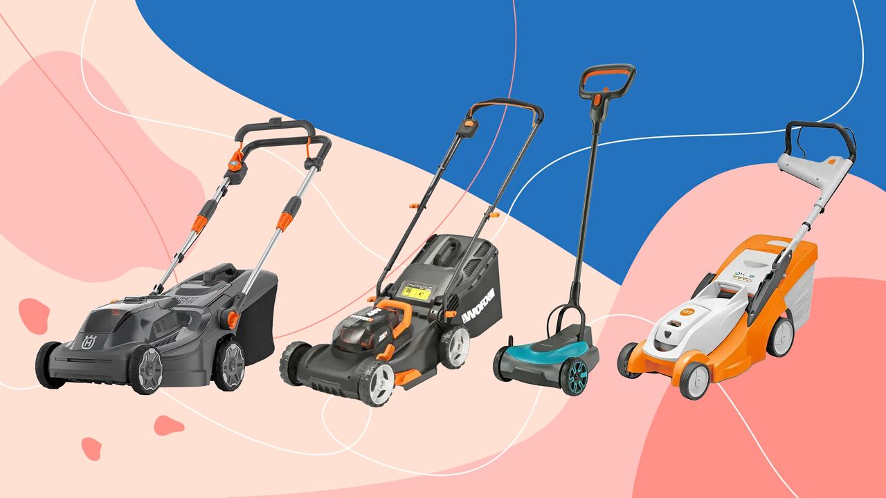 four of the best lawn mowers on a pink and blue graphic background