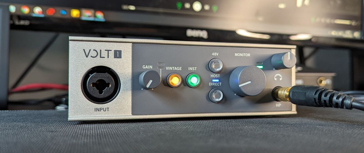 A Universal Audio Volt 1 audio interface on a desk