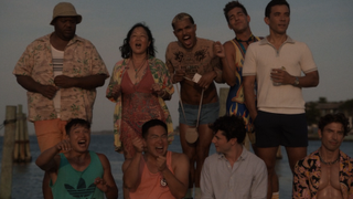 The cast of Fire Island at sunset