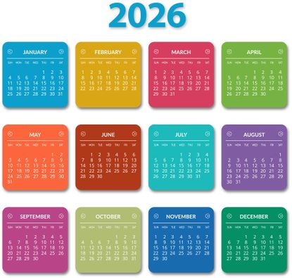 2026 Calendar Month Of months On A Colored Bases On A Transparent Background. 