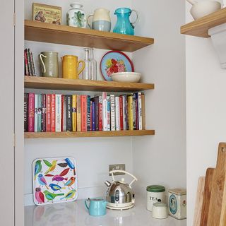 kitchen with white wall wooden shelf and book