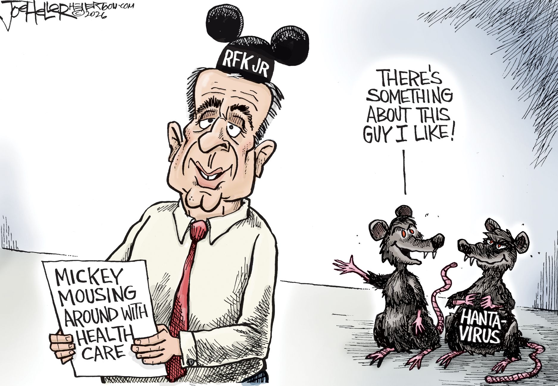 
                                Two rats labeled “Hantavirus” look at RFK Jr., who looks wears Mickey Mouse ears and holds a paper that says, “Mickey Mousing around with Health Care.” One rat says, “There’s something about this guy I like!”
                            