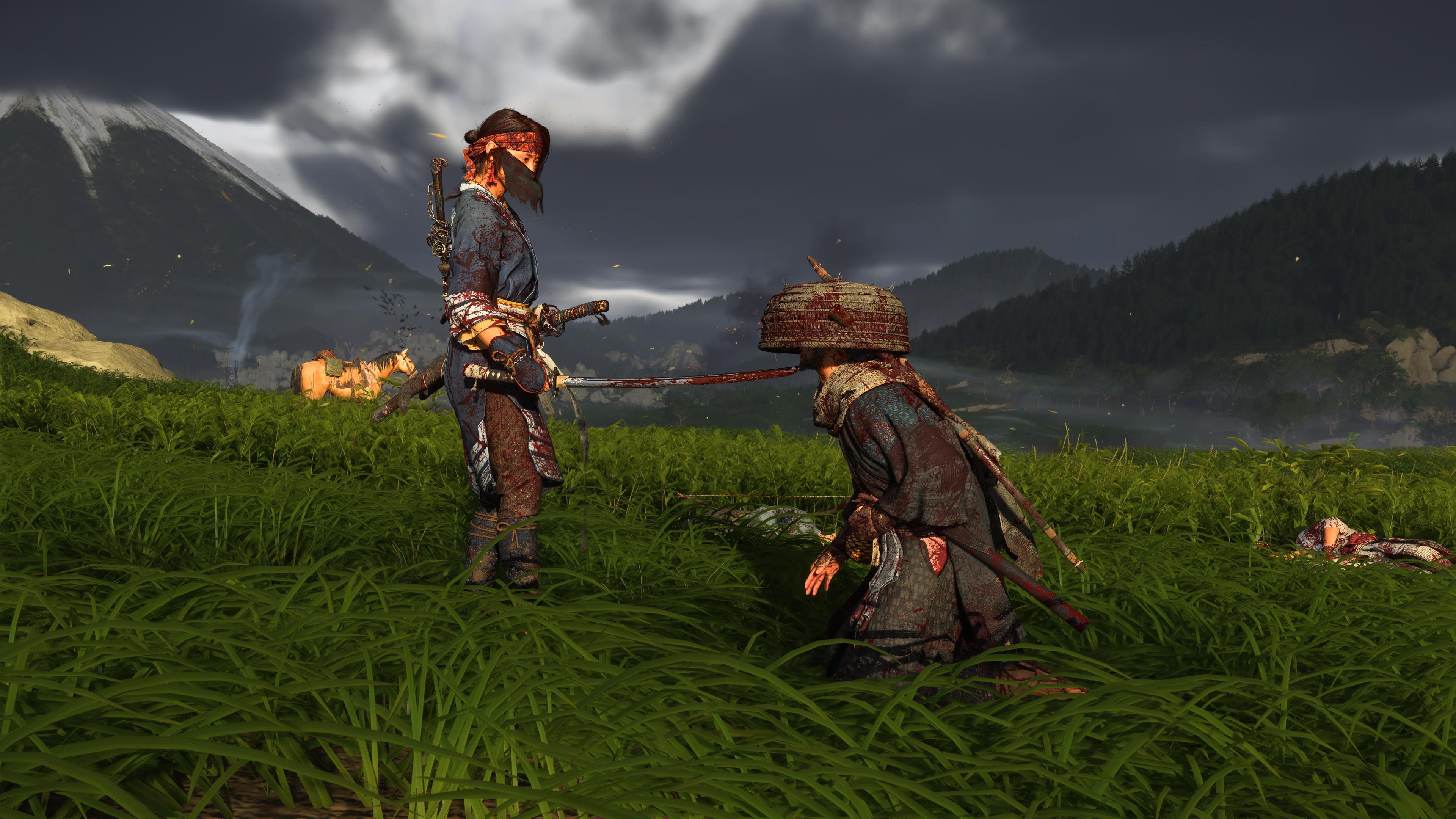 Ghost of Yotei screenshot showing protagonist Atsu interrogate a bloody samurai on their knees, while Atsu holds a sword to their throat
