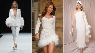 three models wearing feather wedding dresses to illustrate the wedding dress trends 2023