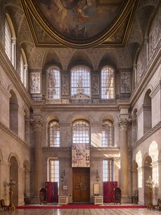 Fig 2: The hall looking back to the front door. Note the columns in the angles of the room. The depth and scale of the masonry structure is apparent through the windows. Blenheim Palace, Woodstock, Oxfordshire, photographed for Country Life Magazine by Will Pryce. ©Country Life