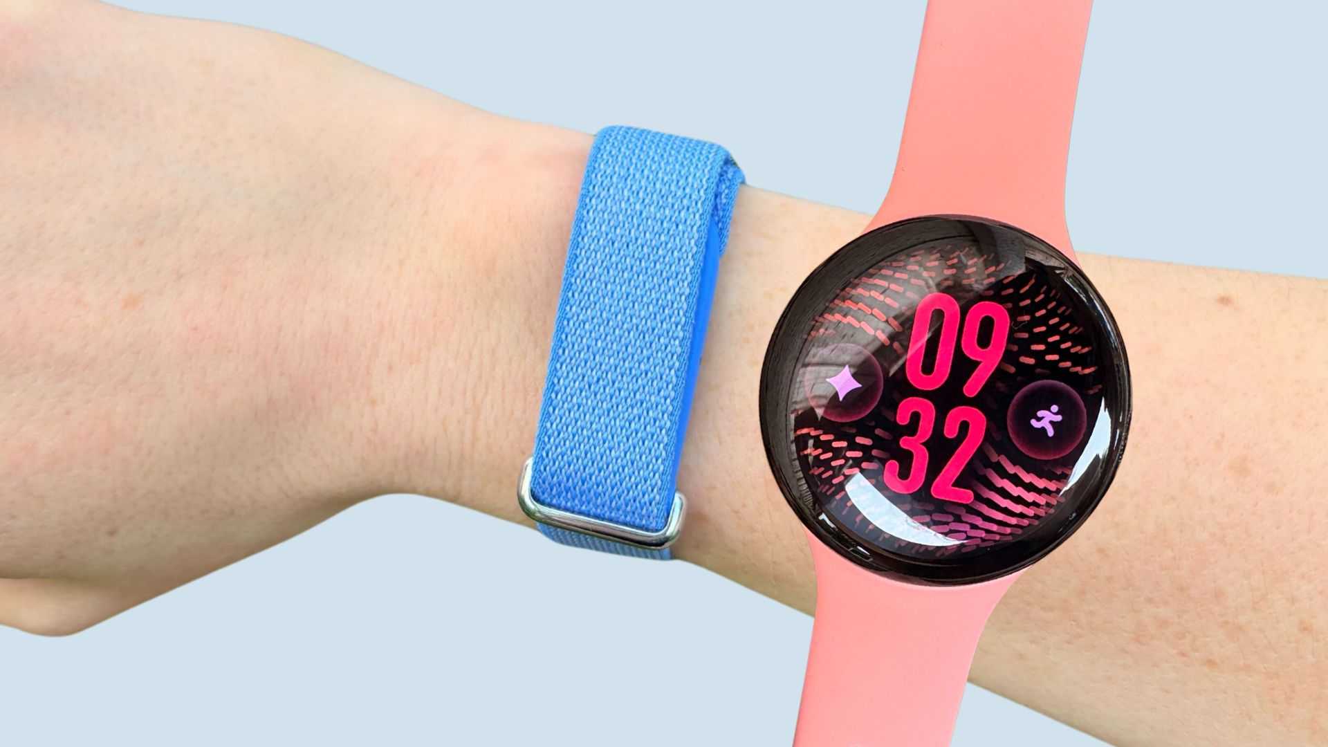 Grace Walsh wearing the Google Fitbit Air vs Google Pixel Watch 5