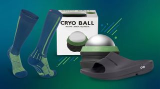 A pair of compression socks, recovery sandals and a massage roller ball