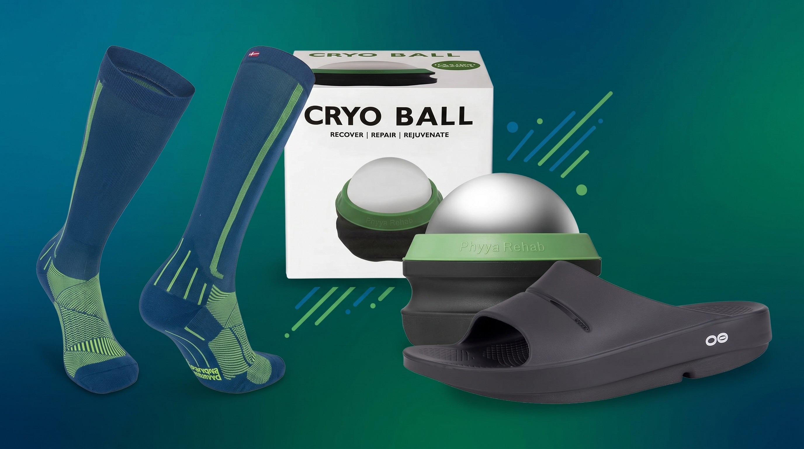 A pair of compression socks, recovery sandals and a massage roller ball.