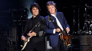 Rusty Anderson (L) and Paul McCartney perform during Desert Trip at The Empire Polo Club on October 15, 2016 in Indio, California.