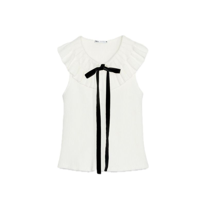 Zara , Chunky Knit Top With Peter Pan Collar and Bow