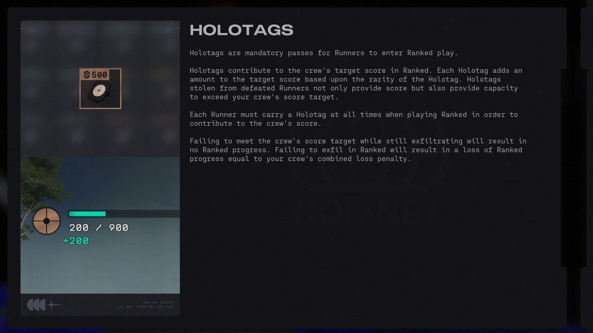 Marathon Ranked: A screenshot of the in-game tooltip showing the Holotag icons and progression meter.