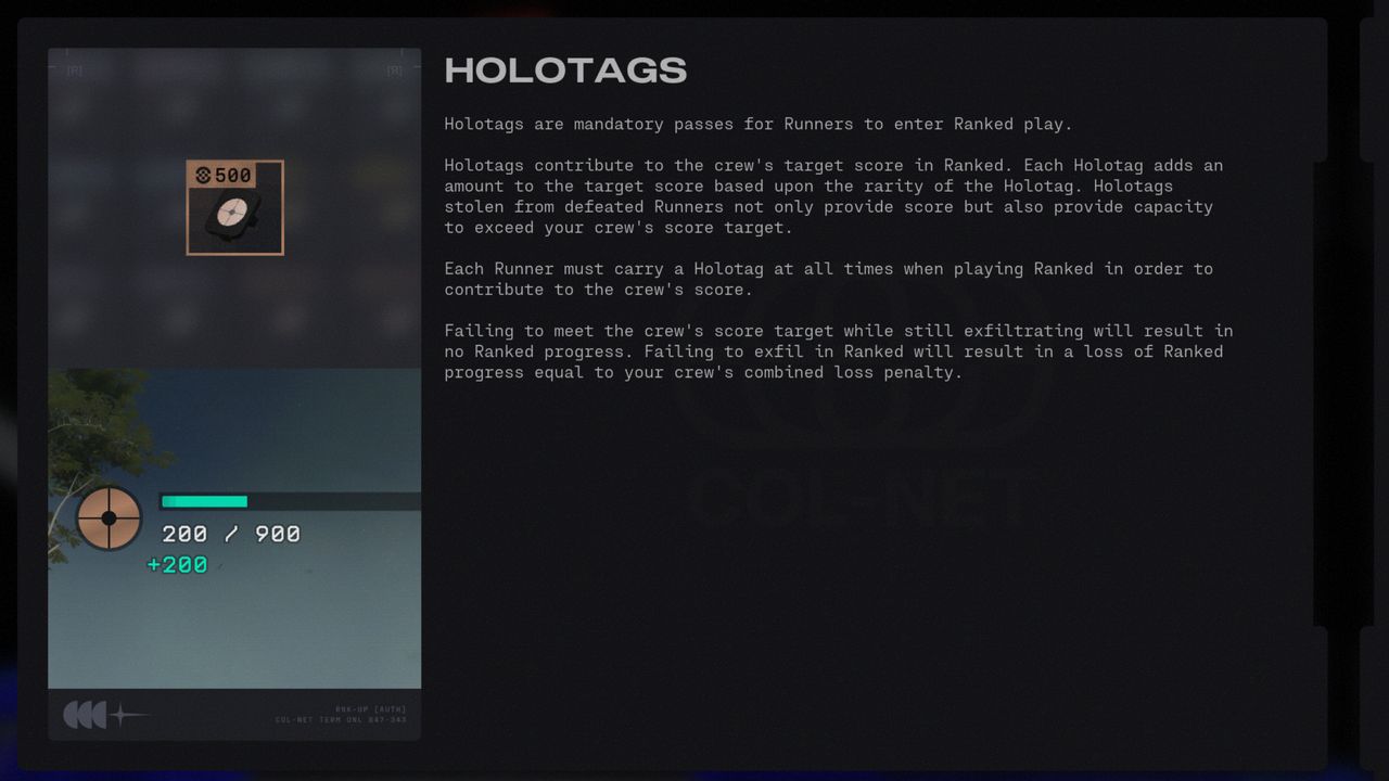 Marathon Ranked: A screenshot of the in-game tooltip showing the Holotag icons and progression meter.