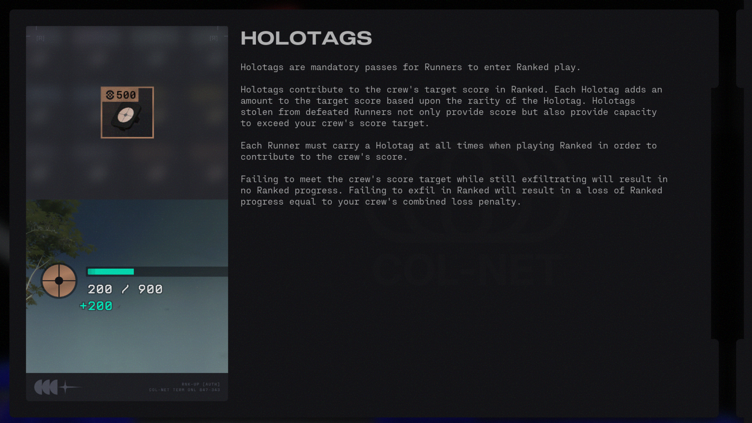 Marathon Ranked: A screenshot of the in-game tooltip showing the Holotag icons and progression meter.
