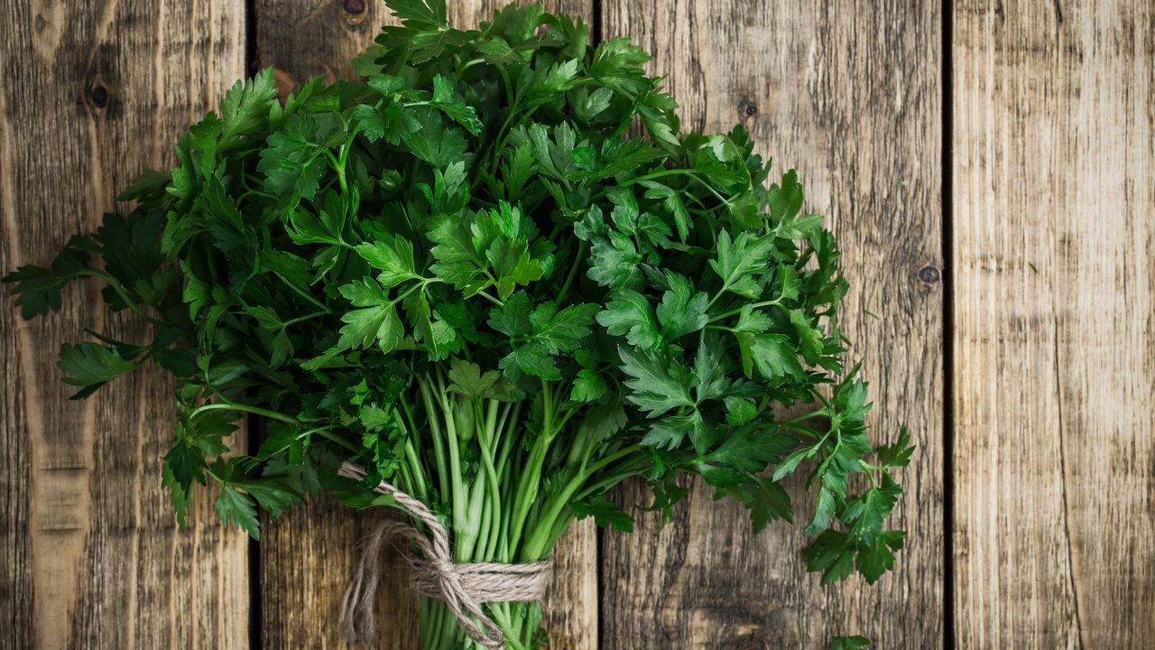 bunch of parsley on a wooden chopping board