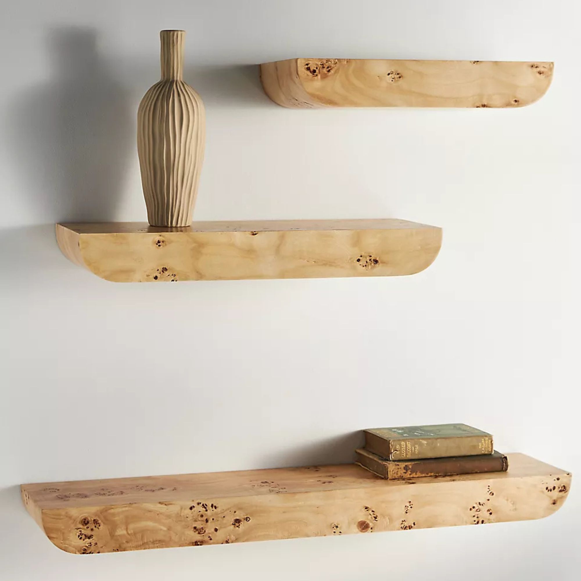 Set of three burl wood shelves