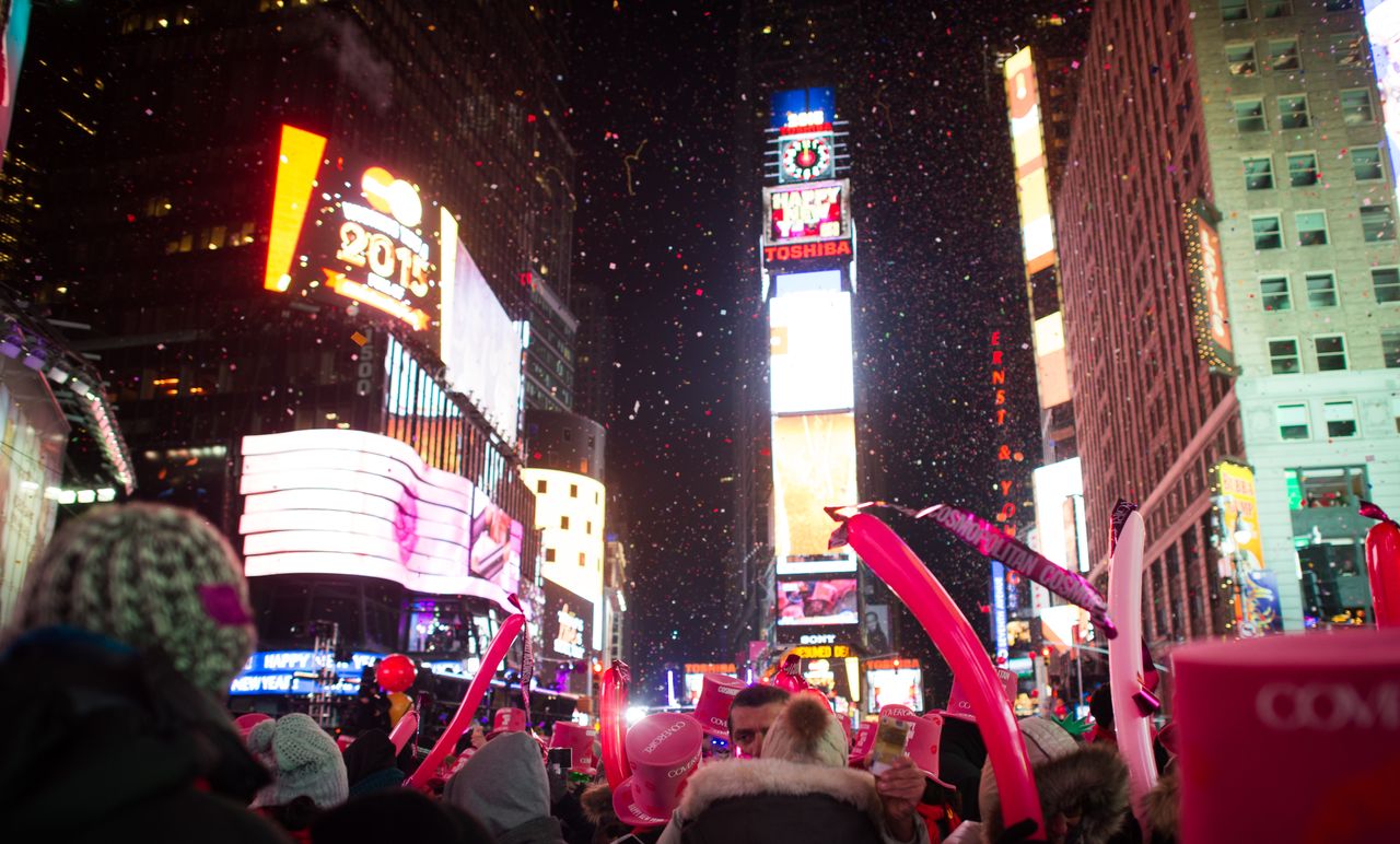 People wait for the ball to drop in Times Square